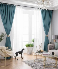Rèm vải 2 lớp màu xanh đẹp, cản nắng 100% cho phòng khách chung cư WRV28