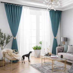 Rèm vải 2 lớp màu xanh đẹp, cản nắng 100% cho phòng khách chung cư WRV28