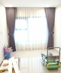 Rèm vải 2 lớp màu ghi tối cản nắng tốt cho phòng khách chung cư