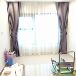 Rèm vải 2 lớp màu ghi tối cản nắng tốt cho phòng khách chung cư